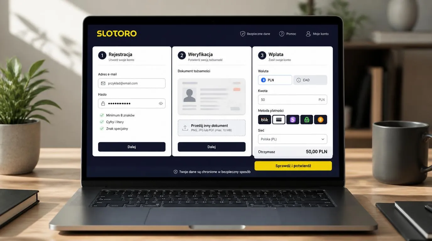 Panel rejestracji konta, przesyłania dokumentów KYC i pierwszej wpłaty w PLN