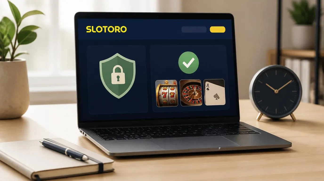 Laptop z symboliczną tarczą bezpieczeństwa i kartami gier ze znakiem potwierdzonej autentyczności